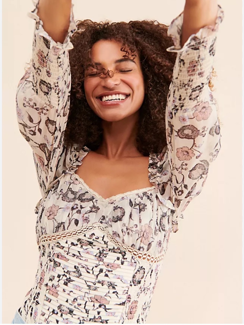 Free People Cream Floral Lace-Trim Bodysuit with Pink Accents